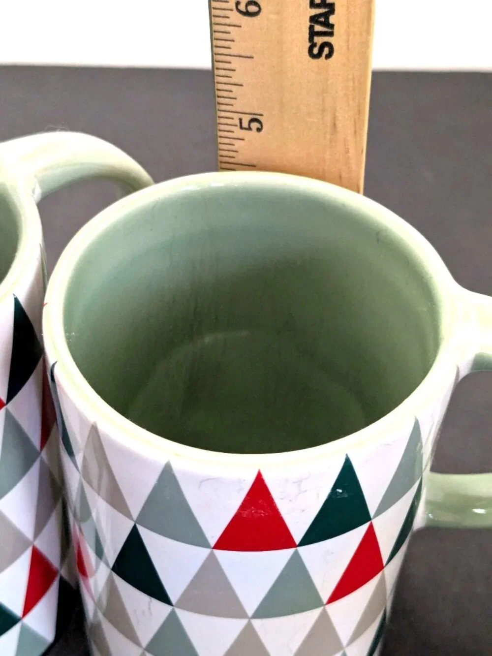 Starbucks Ceramic Mugs Set Of 2 With Green Interior & Geometric Triangle Pattern